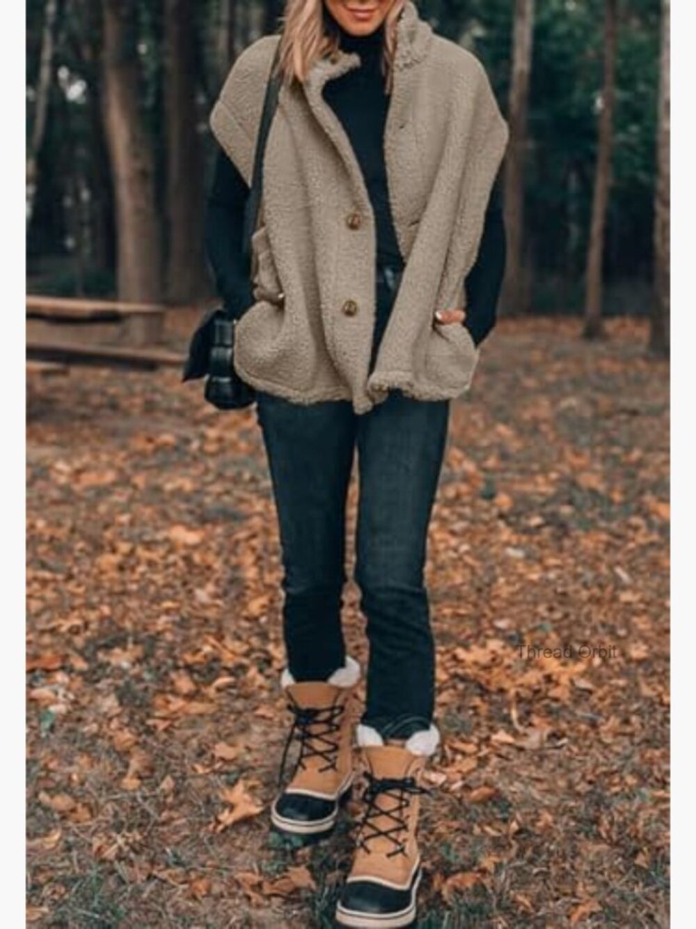 Oversized Fuzzy Fleece Vest Button Down Sherpa Vest Jacket with Pockets - Picture 4 of 7
